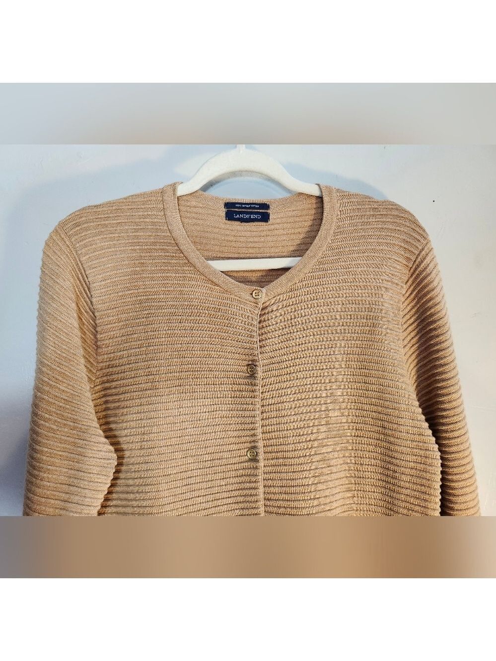 Lands' End Beige Cardigan Ribbed Sweater Botton Sz L - Picture 4 of 7
